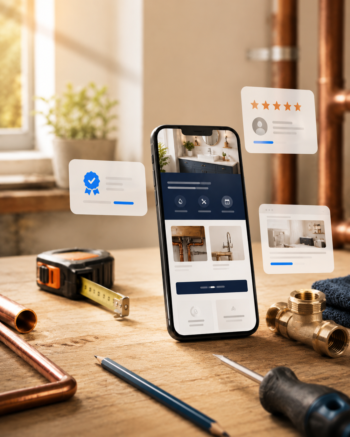 Aperçu d'un site vitrine d'artisan sur smartphone, posé sur un établi avec outils de plomberie
